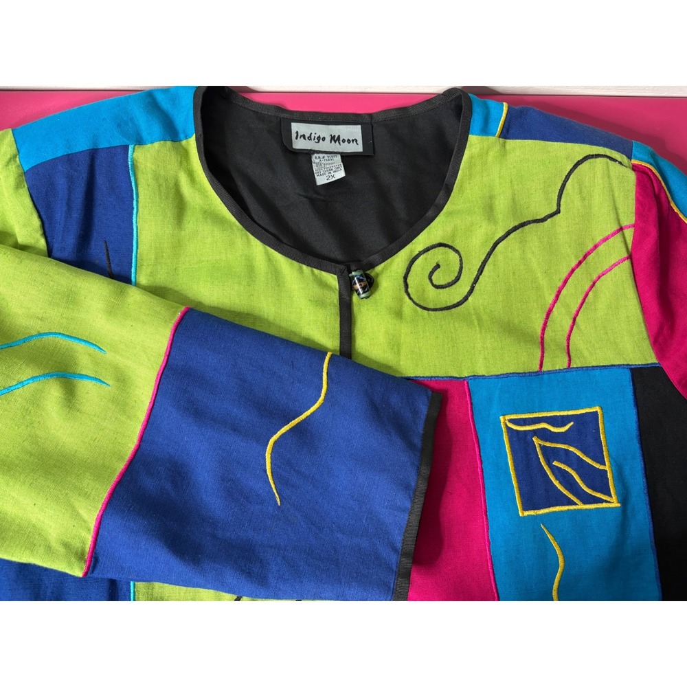 INDIGO MOON Womens Multicolor Embroidered Jacket 2X Art-To-Wear Boho Maximalist - Picture 10 of 11